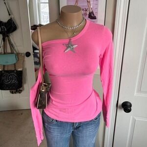 Y2K 2000s neon pink off shoulder long sleeve top